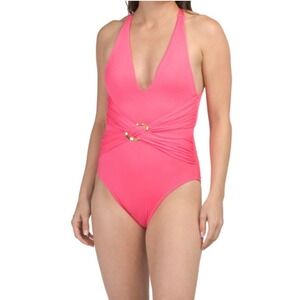Trina Turk One Piece Swimsuit 8 Hot Pink New Wrap Ruched Gold Ring Halter V-Neck
